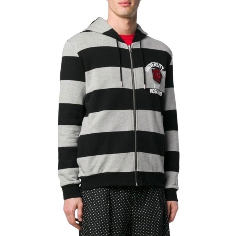 Moschino Men's Black & Gray Striped Zip Hoodie